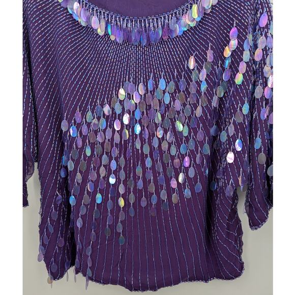 Vintage Oleg Cassini Purple Sequin Beaded Silk Top Women’s M Evening Blouse - Picture 4 of 6